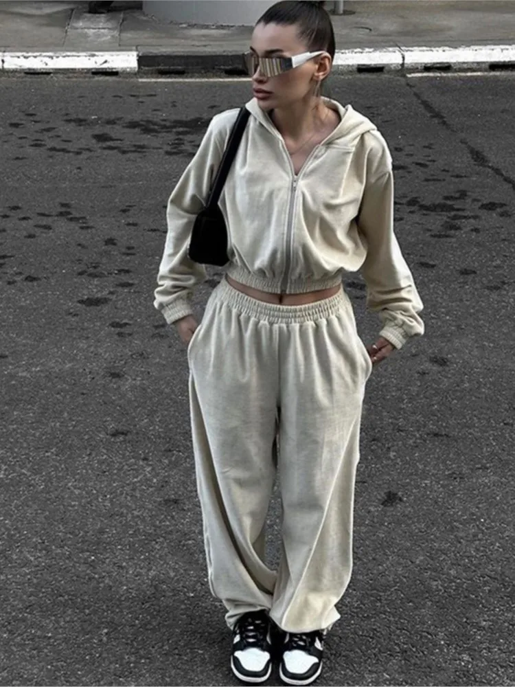 

Woman 2 Piece Set Outfit Casual Suit Women's Long-sleeved Hooded Cardigan Elastic Trousers Two Piece Outfits Woman Solid Color