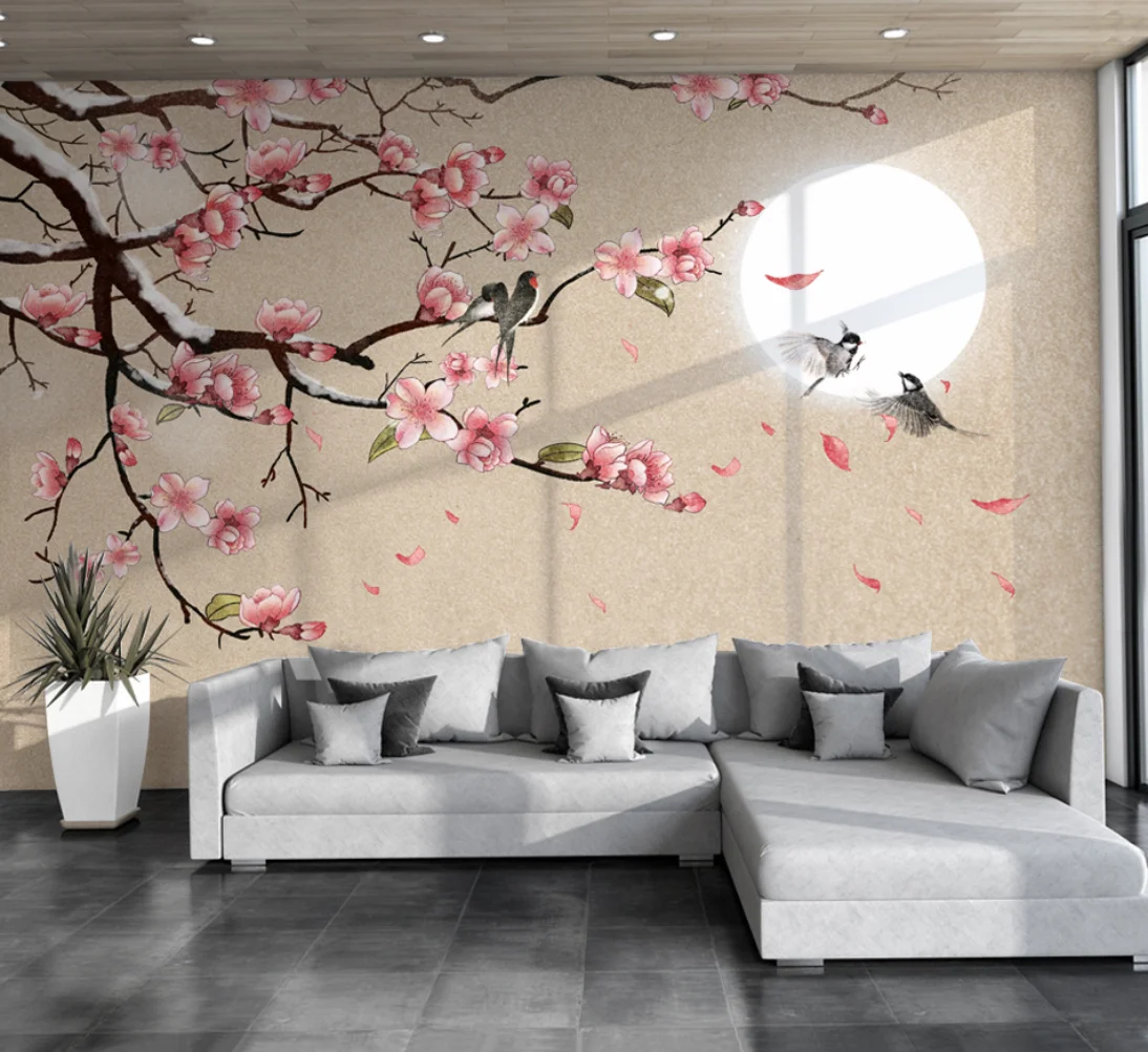 

beibehang Custom wallpaper mural new Chinese minimalist hand-painted flowers and birds peach background wall papel de parede