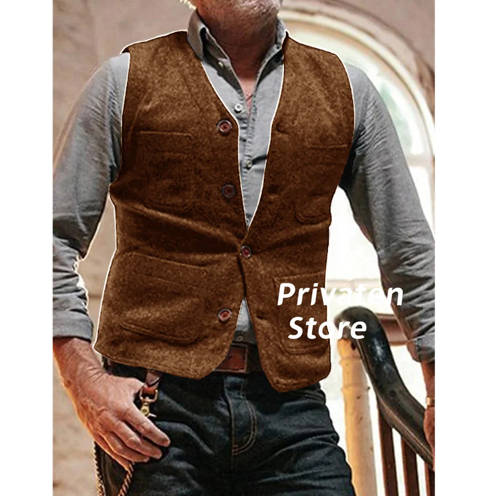 Men\'s Suit Vest Cotton V-Neck Soft And Warm Slim Fit Brown Man Waistcoat Tops Prom Dress Suits Hombre Steampunk Male Tops