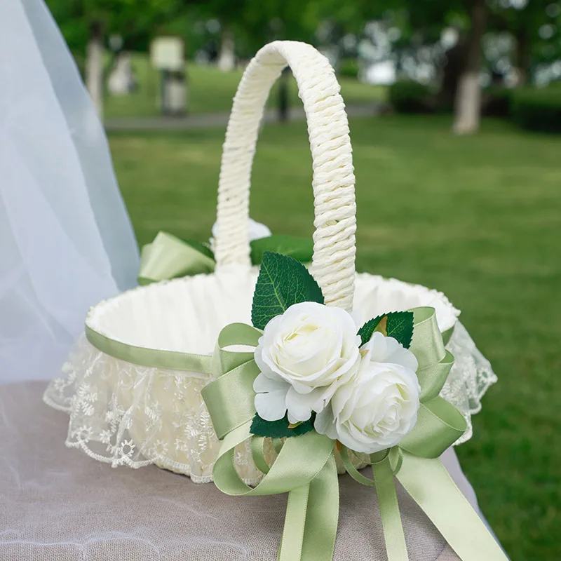 

23cm White Girls Flower Basket Silk Wedding Basket for Flower Bride Girls Kids Hand Held Wedding Ceremony Party Decorations