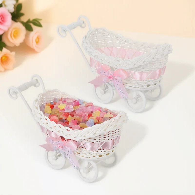 

2Pcs Imitation Rattan Cart Shape Basket Candy Storage Organizer Baby Shower Party Favor Basket Wedding Decoration Home Use