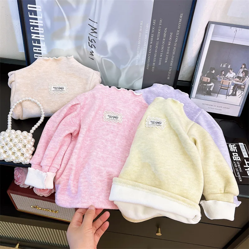

1-7Y Children Girls Fleece Lined Shirt 2025 New Kids Cute Mock Neck Thermal Ruffled Edge Warm Base Layer Top Autumn Winter Wear
