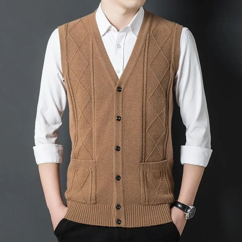 Trend Winter New Men Sweaters Vest V-Neck Solid Single Breasted Korean Casual Loose Thicken Sleeveless Cardigan Knitd Coat Top