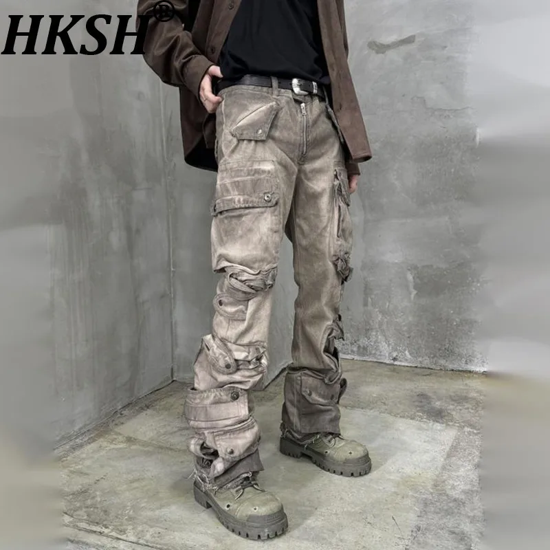 HKSH Autumn New Men Punk Waste Land Heavy Washed Cargo-Pants Jeans High Street Multi-Pockets Wide-Leg Flared Denim Pants HK14541