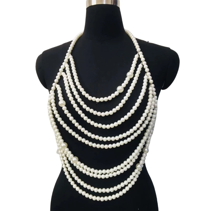 Multilayer Pearl Body Chain for Women Beaded Halterneck Top Chest Chain Beach Body Jewelry Shoulder Necklace P8DB