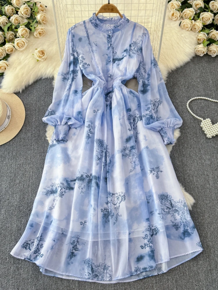 Women French Printing Chiffon Dress Spring Autumn Stand Collar Button Slim Long Dresses Ladies Bubble Sleeve Floral Long Robe