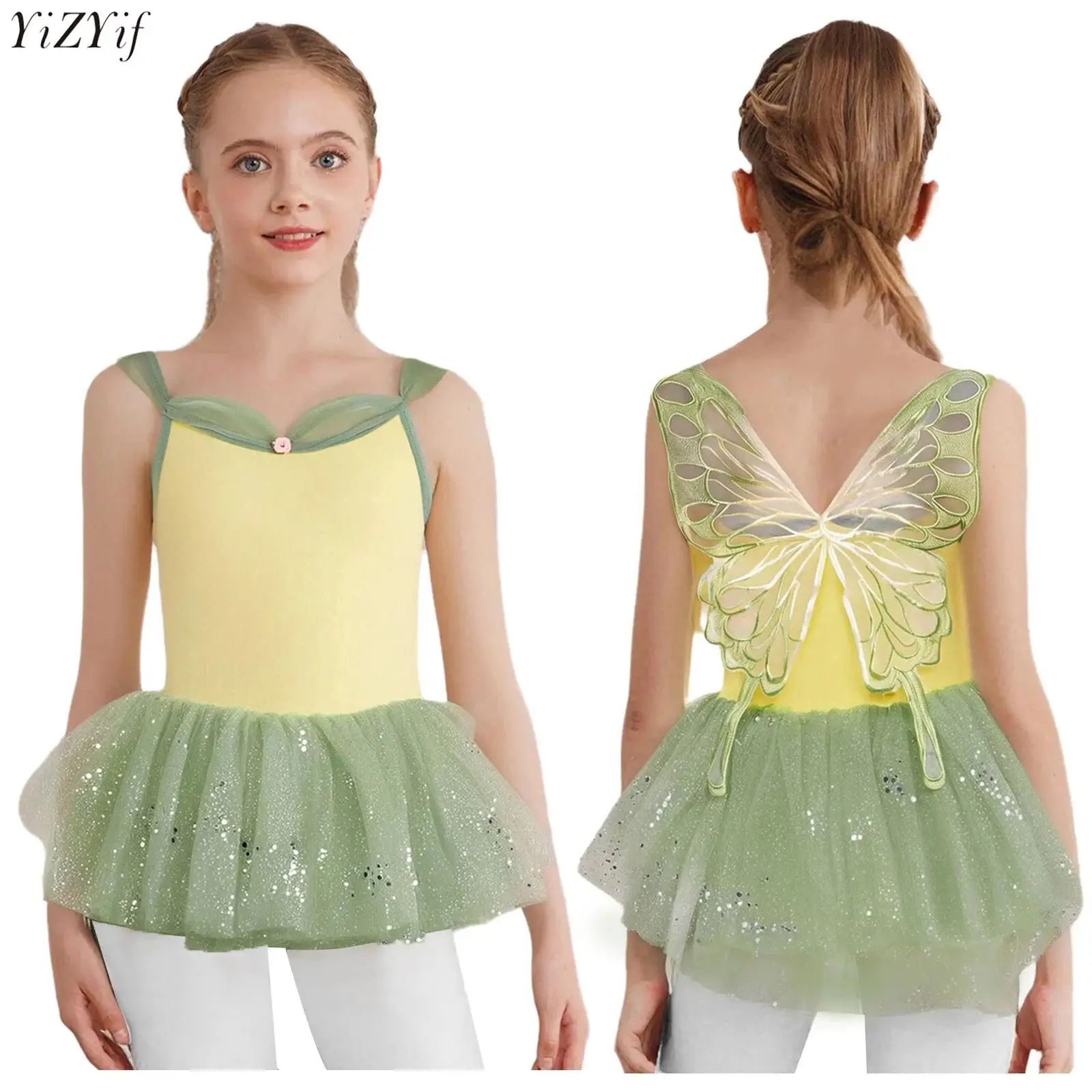 

Kids Girls Ballet Dance Performance Costume Sleeveless Spaghetti Straps Butterfly Decor Leotard+Shiny Sequin Tulle Tutu Skirt