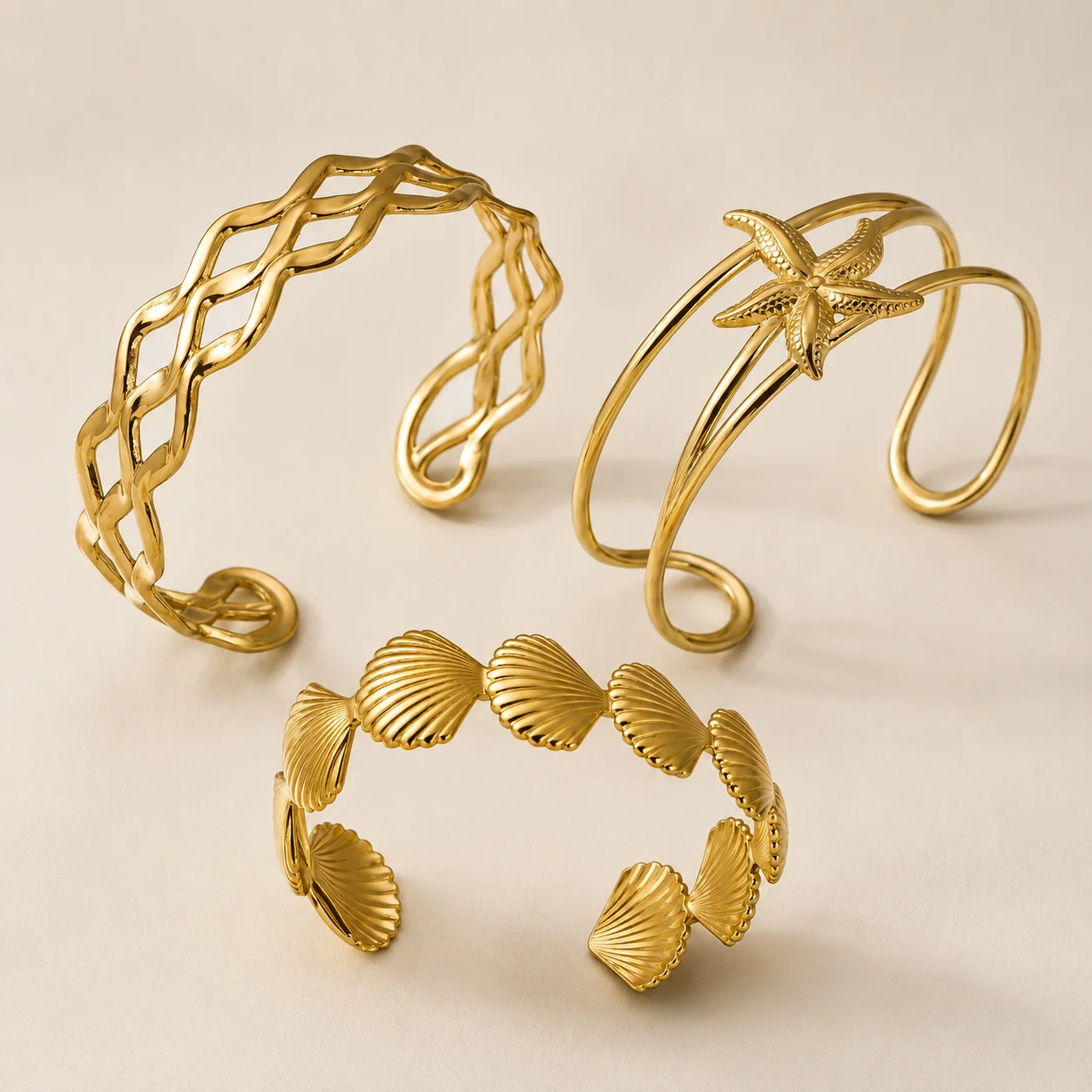 Boho Gold Color Stainless Steel Bracelets for Women, Seashell Starfish Twist Open Cuff Bangles Multiple Styles Beach Jewelry