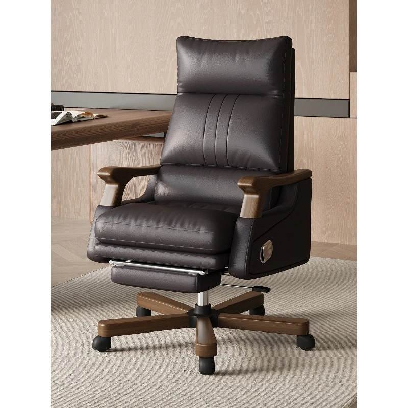 solid wood leather office chair, lift seat, first layer cowhide chair for home use