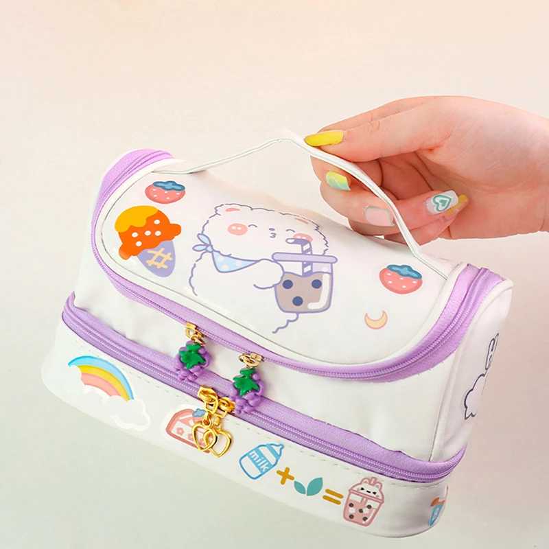 

1PC Kawaii Pencil Bag Pen Cases 2 Layer High Capacity Pencils Pouch Free 1PC DIY Sticker School Stationery Girl Gift