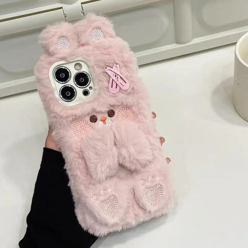 Pink Cute Hairpin Bunny Plush Phone Case For iPhone 15 14 11 12 13 Pro Max Drop Protective Cover