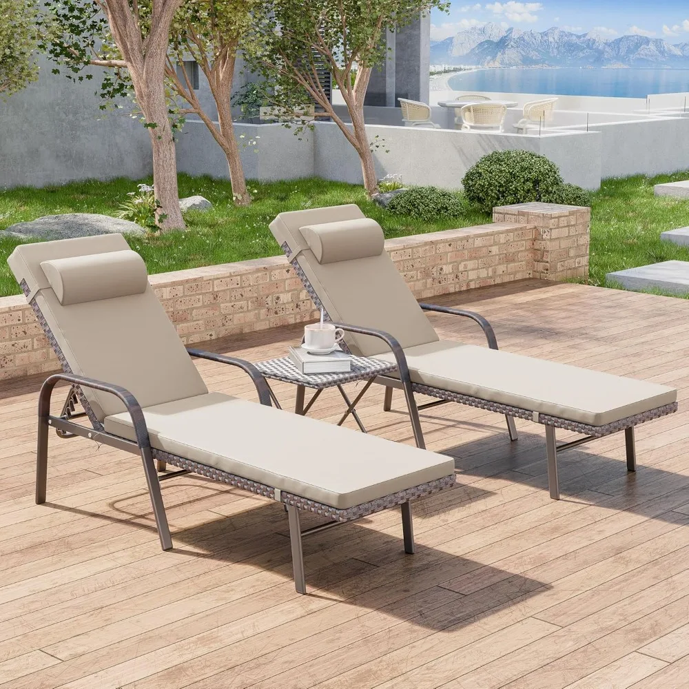 

3 Pieces Patio Chaise Lounge Set Outdoor PE Rattan Armrest Lounge Chair Adjustable Backrest Reclining Chair, Customized