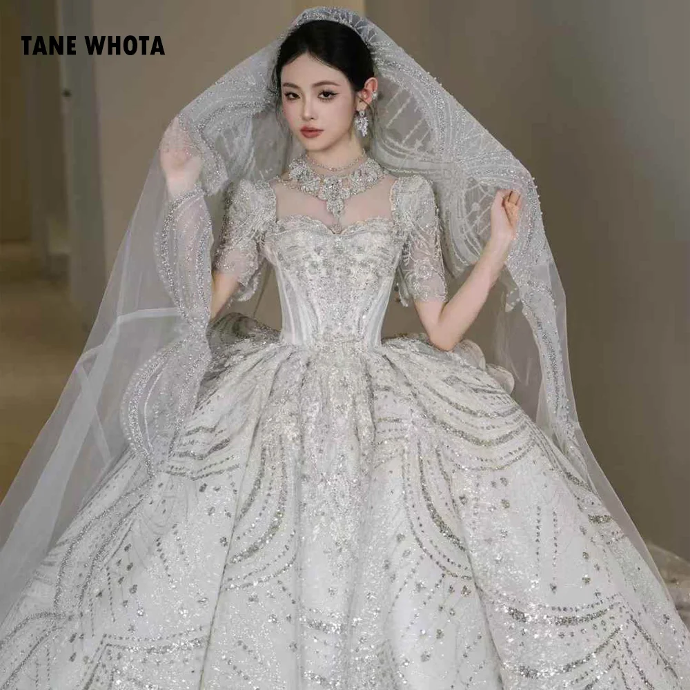 Wedding Dress High Short Sleeve Lace Up Keyhole Back Beading Embroidery Sequined 2025 High Quality Wedding Dress Customized