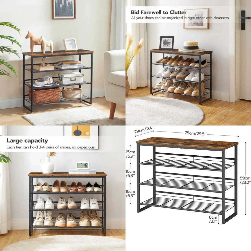 

4 Tier Shoe Rack Adjustable Shoe Organizer Shelf Flat and Slant Design Space Saving Shoe Cabinet for Home Entryway Closet