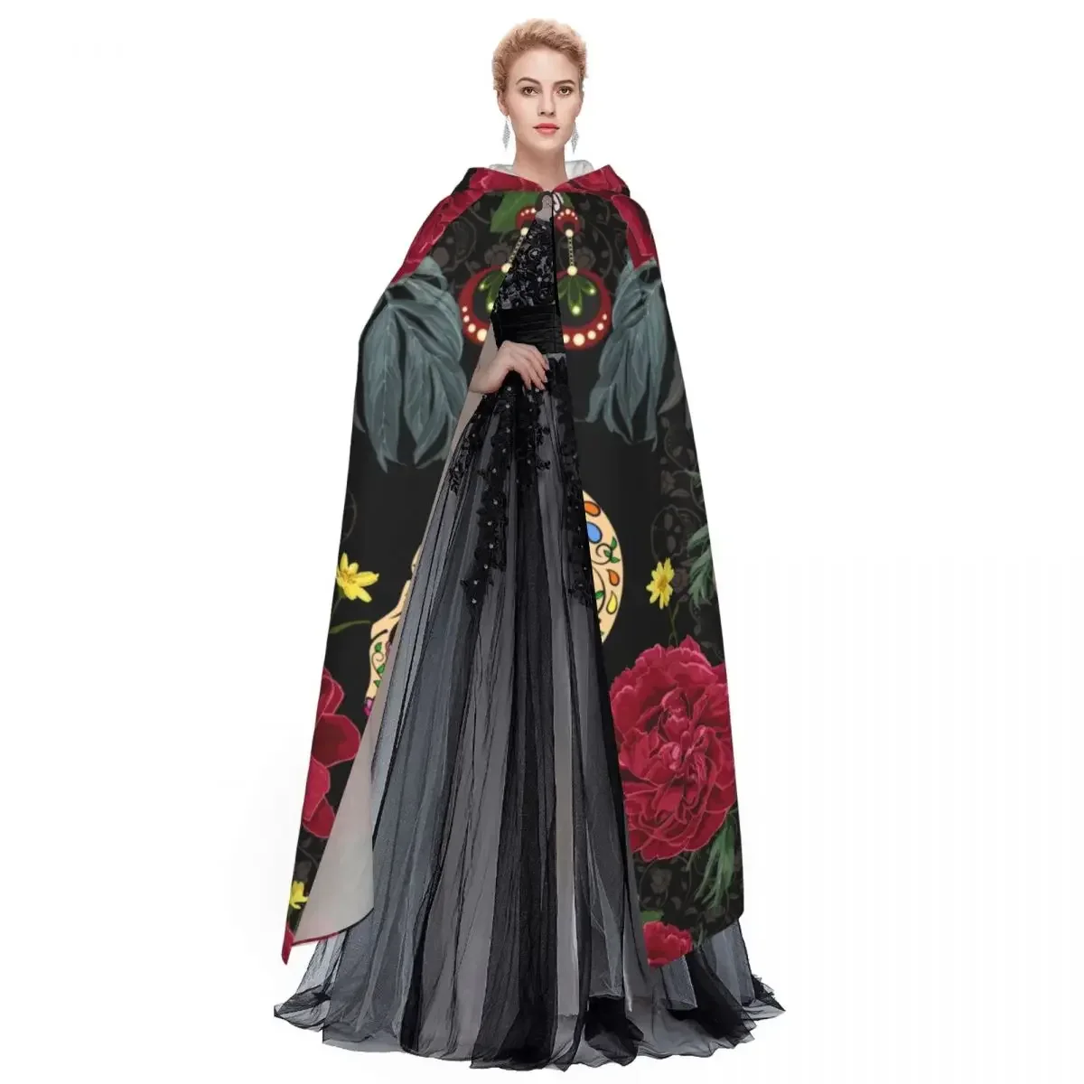 كالافيرا كاترينا في إكليل الفاوانيا السكر الجماجم عباءة الساحرة زي تأثيري للجنسين الكبار هالوين موضة ملابس الحفلات الرجالية