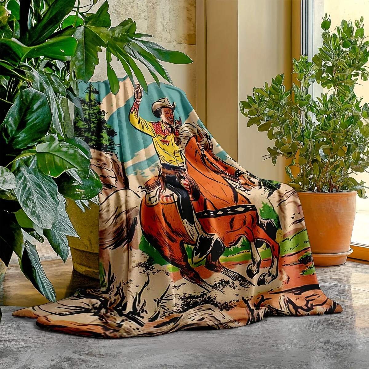 Western Cowboy Riding Horse Throw Blanket - Vintage Western Decor with Cowboy & Horse Design, Soft Flannel All-Season Couch,, Of