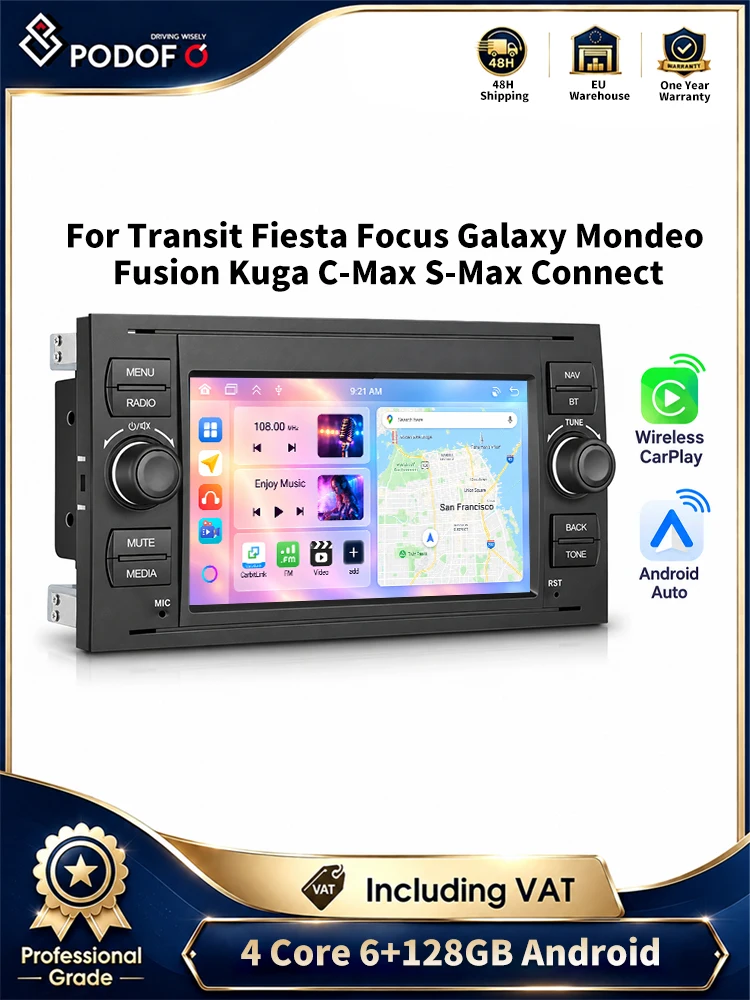 Podofo – radio samochodowe z systemem Android, podwójny format DIN, 7-calowy ekran dotykowy, 6 GB pamięci RAM + 128 GB pamięci wewnętrznej, nawigacja GPS, Wi-Fi, Bluetooth, odbiornik FM, odtwarzacz — 2