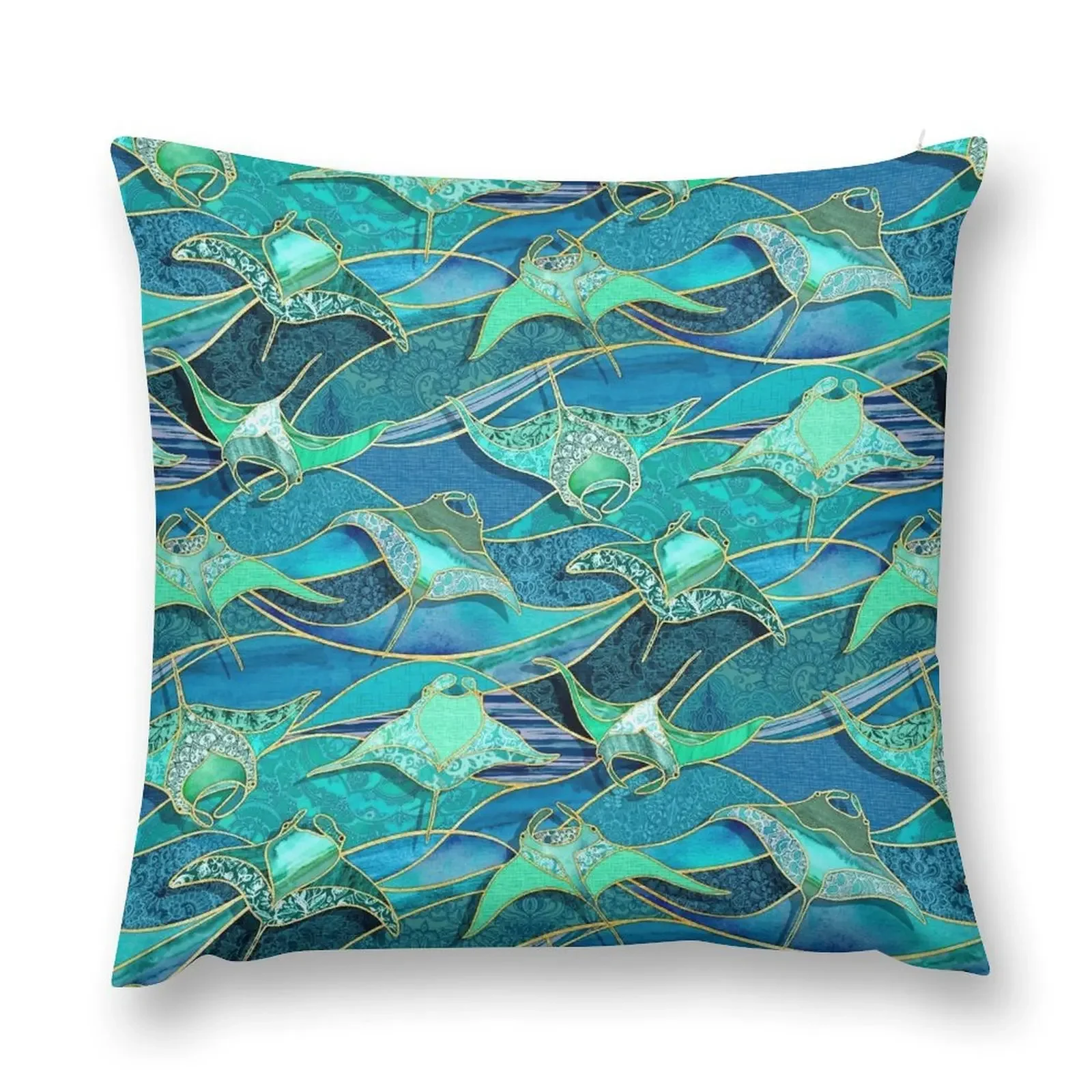 Patchwork Manta Rays in Teal Blue and Jade Green Throw Pillow New year Sofa Cushions Covers pillow