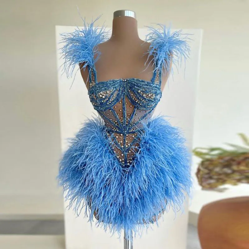 Robes de Rhcourtes bleues avec corset de plumes, bretelles perlées, mini robe de fête d'anniversaire, occasion spéciale chic, tout ce qui est court