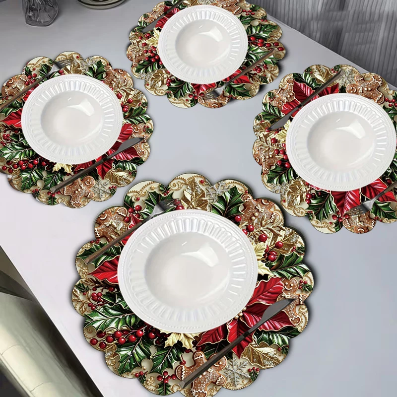 Festive Floral Placemats for Christmas Party Home Decoration Dining Table Embellished Flowers And Holly Snowflake Table Mats