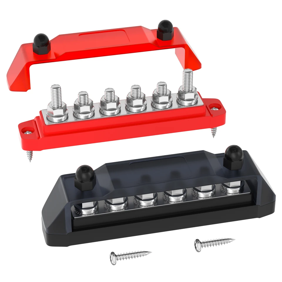 Produktbild von 1 Paar M8 Sammelschiene 150A Stromverteilerblock – Schwarz/rot, 4 Anschlüsse, Vernickeltes Kupfer, Für 12V-48V Auto, Wohnmobil, Boot & LKW