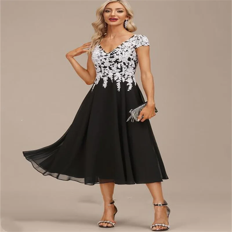 

V Neck Dress Women Elegant Party Applique Lace 2024 Women Evening Dress Chiffon Dresses Knee Lenght Mother of the Bridal Gowns