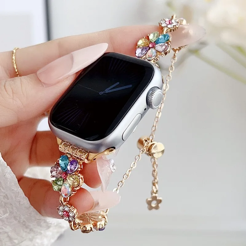 Vintage Bling Crystal Flower Chain for Garmin Venu2S 3S Shiny Link Strap for Galaxy Watch 765 4Classic FE Jewelry Watch Band 22m