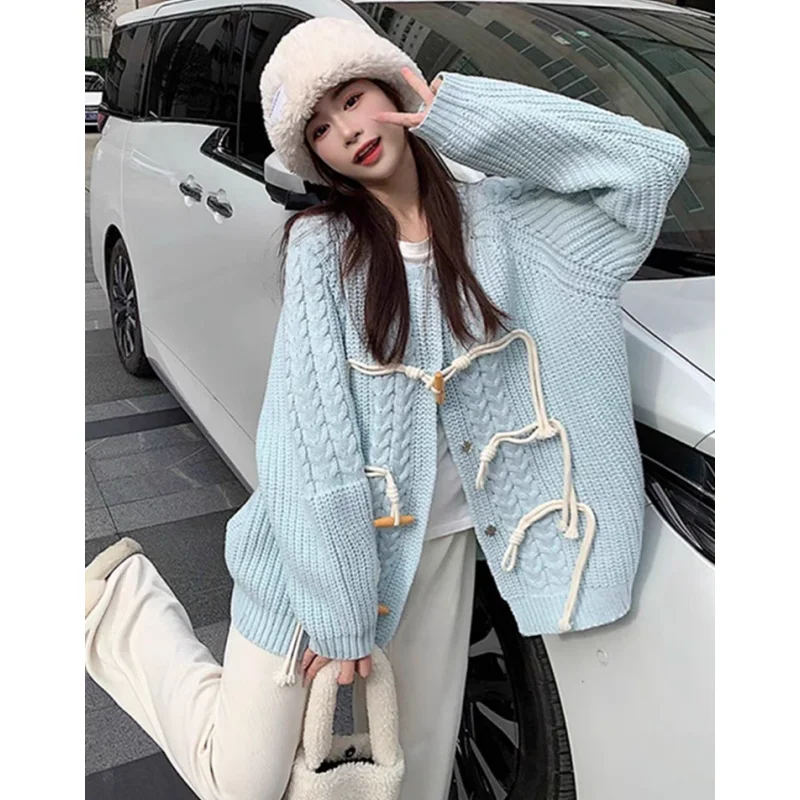 Sky Blue Round Neck Y2K Sweater Cashmere Jacket Women's Clothing Horn Button Knitting Cardigan Vintage Fashion Autumn Tops