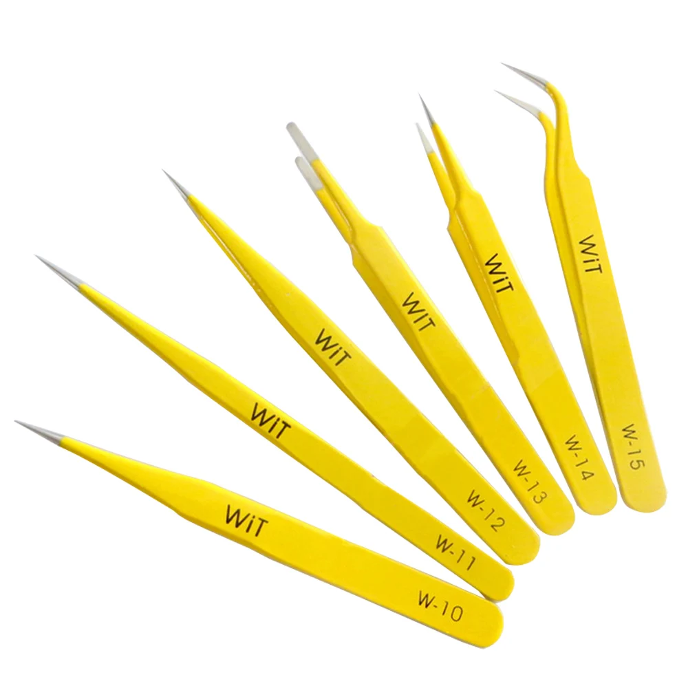 

Yellow Super Hard High Precision Tweezers Set Pointed Nose Curved Flat Head Tweezers For Repairing Clamping Tools WIT