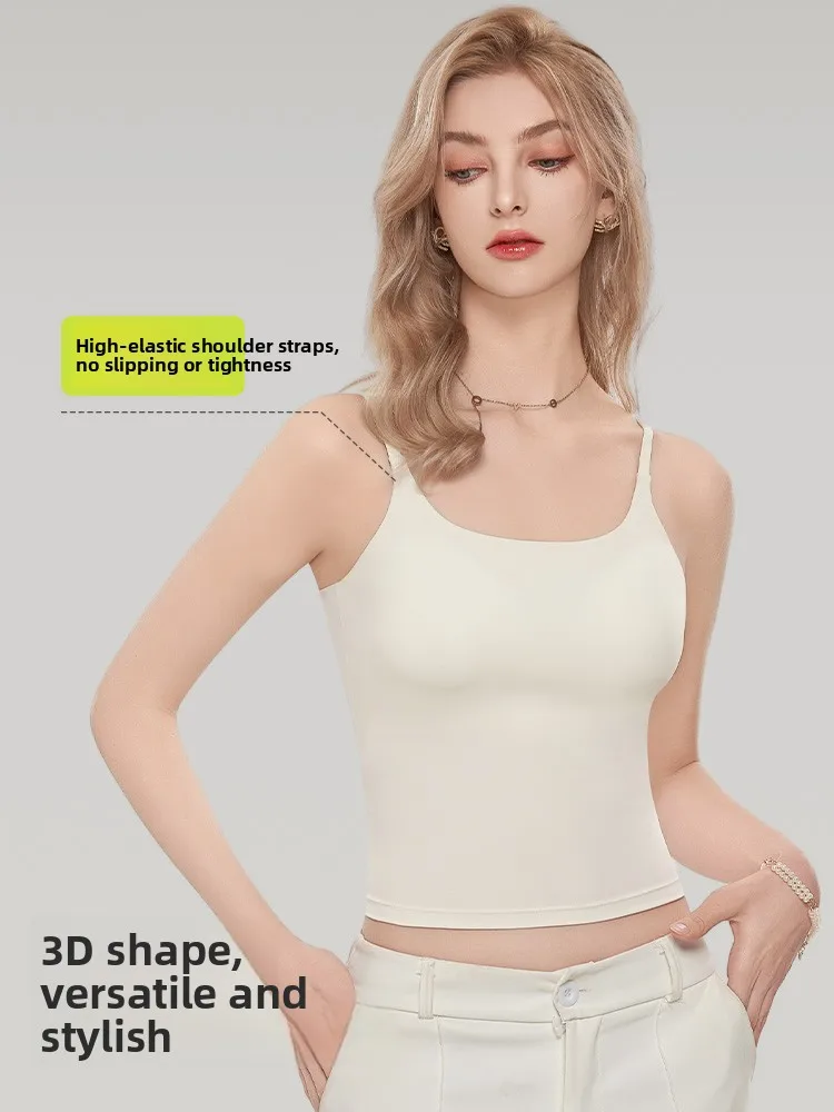 여성용 인티메이티드 얇은 조끼 가슴 패드 포함 브라 필요 없음 V넥 길이 높은 신축성 일상 착용 나일론 원단