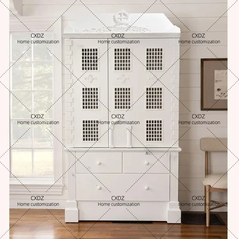 XX retro, wardrobe creative house modeling storage bookcase, white carved storage chest