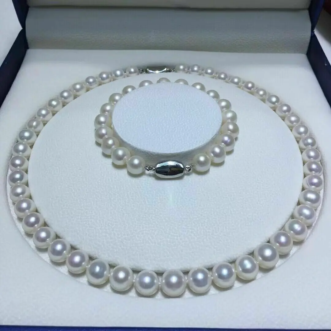 HOT AAAA+ Japanese Akoya 9-10mm white pearl Necklace 18inch Bracelet 7.5-8in set 925s