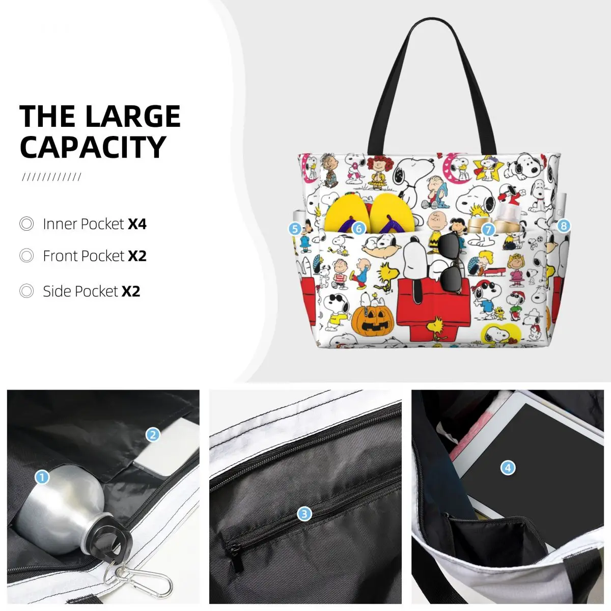 Niestandardowe komiksy Snoopy Collage Beach Tote Bag Women Cartoon Big Compartment Beach Gym Travel Bags