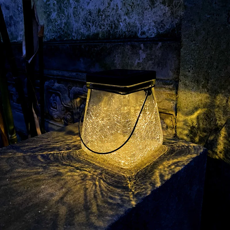 Creative New LED Solar Square Glass Crack Hanging Lamp for Outdoor Courtyard Garden Decoration Atmosphere Lighting