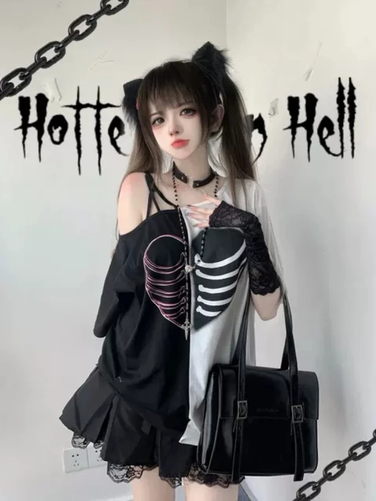 Y2k Aesthetics Off Sohulder Tops Punk Skull Print Gothic T-shirt Women Harajuku E Girl Tshirt Ladies  Grunge Streetwear