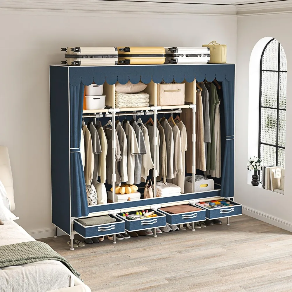 

Wardrobe with 4 Drawers and 3 Shelves, 67 Inch Large Capacity Freestanding Wardrobe Hanging Organizer with Lid for Bedroom, Blue