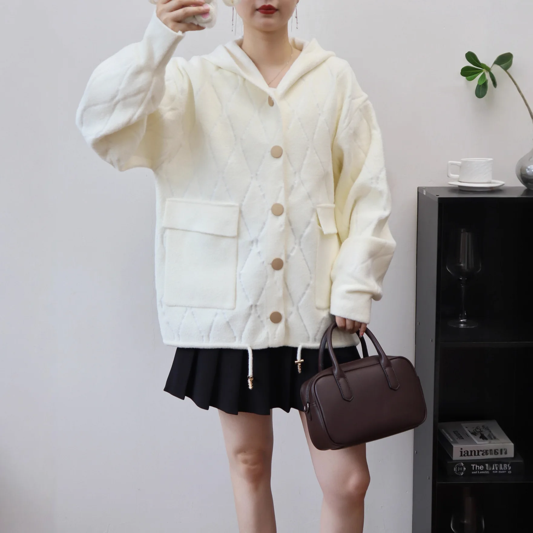 

Autumn Winter New Fashion Women's Simple Basic Solid Color Casual Trendy Spliced Knitted Parkas Hooded Sweater Coat Clothes Tops