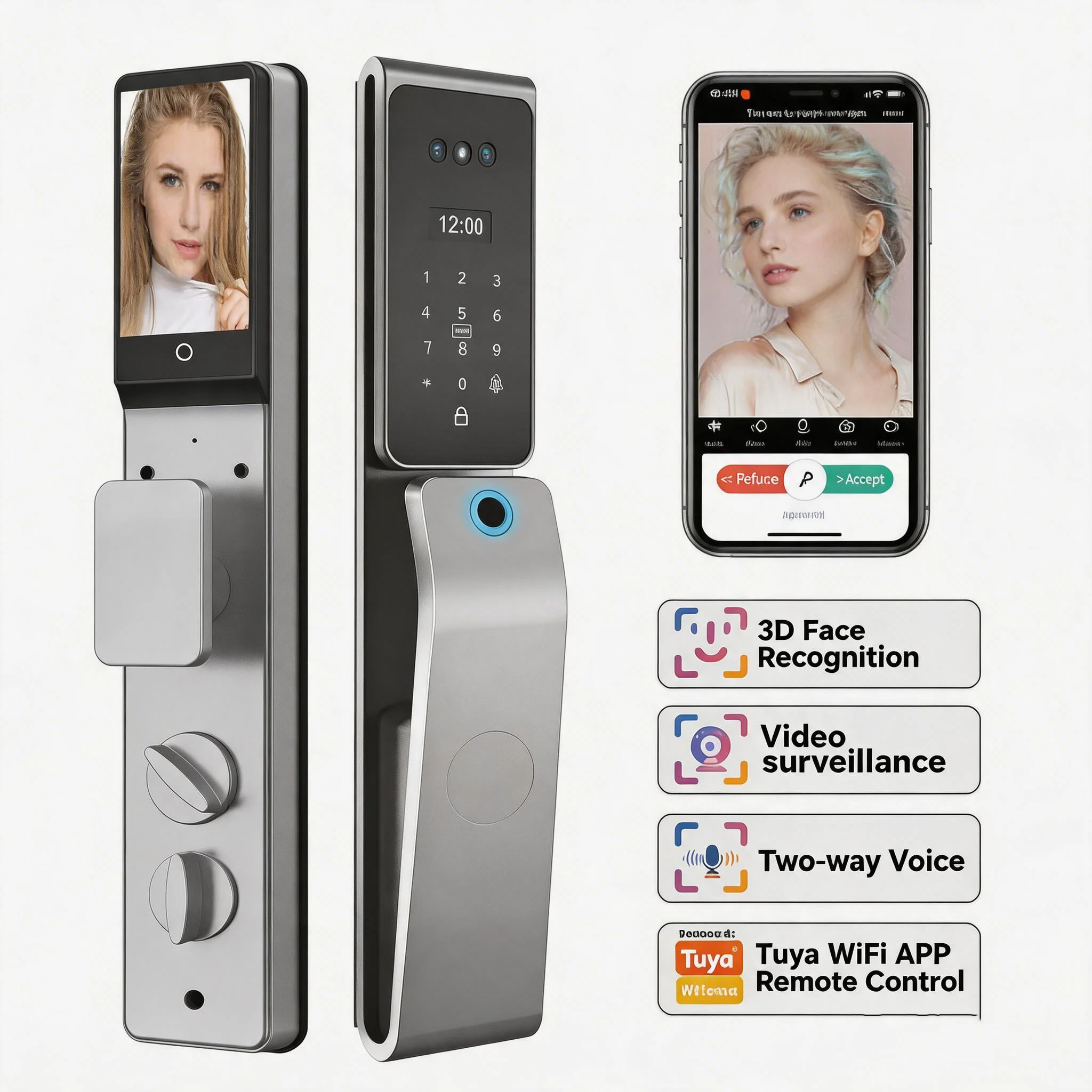 WiFi App Tuya Video Call Keyless Wooden Door Smart Lock with Camera Home Security Fingerprint Door Lock Cerradura Inteligente