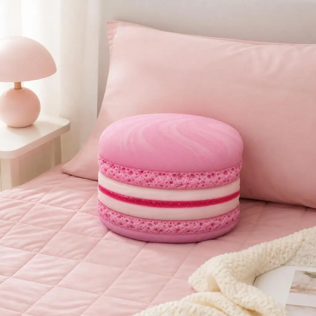 Pink Raspberry Macaron Pillow French Pastry Dessert Cushion Stuffed Shaped Throw Pillow for Bedroom Sofa Home Decor Gift
