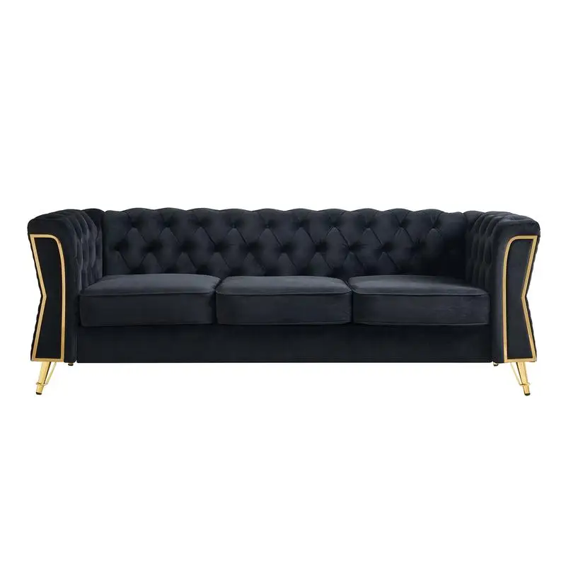 Modern Velvet Sofa 87.4 Inch Black for Living Room, Stylish Comfortable Seating
