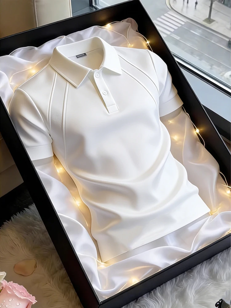 White Deconstructed Patchwork  Shirt Short Sleeve Men's Summer American Henry Collar Cleanfit Half Sleeve T-shirt