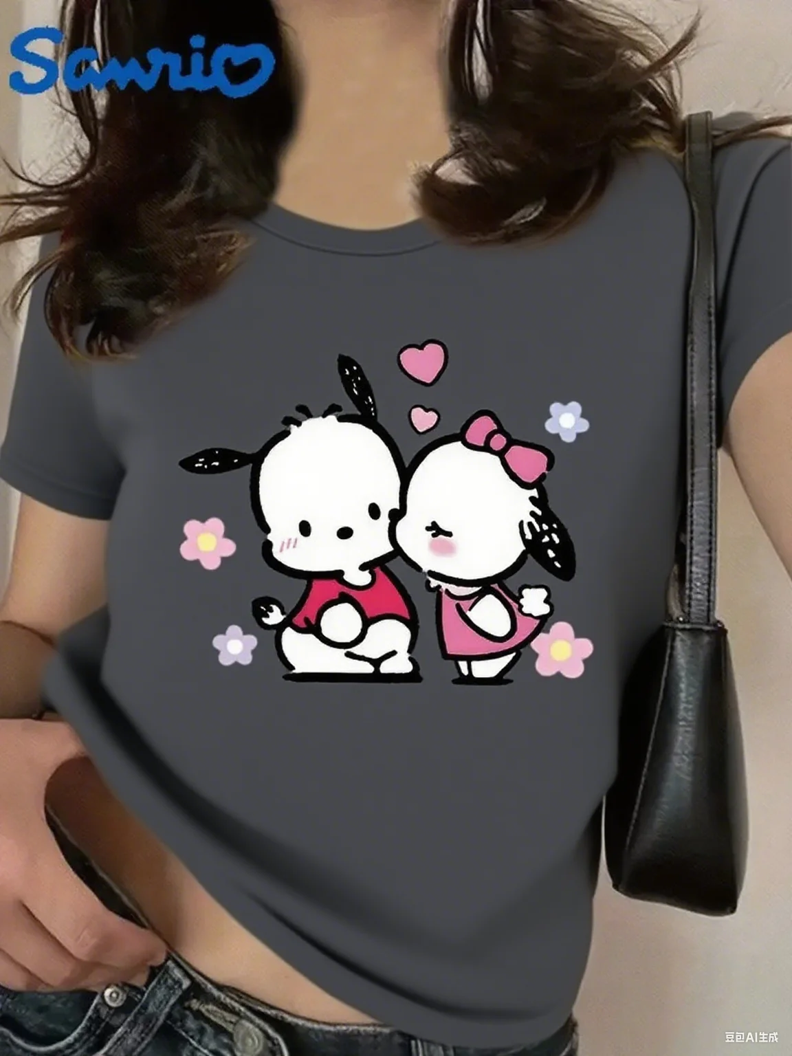 Pochacco Sanrio Cotton Tee الساحرة زوجين Pochacco التوضيح مع القلوب والزهور طباعة القطن الخالص الناعم للمناسبات غير الرسمية