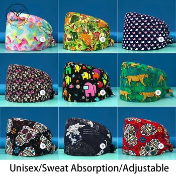 Großhandel Krankenschwester Unisex Frosted Hüte Einstellbar Reine Baumwolle Cartoon Nette Baotou Scrubs Kappe Haustier Druck Arbeit Chirurgische Kappen Frau