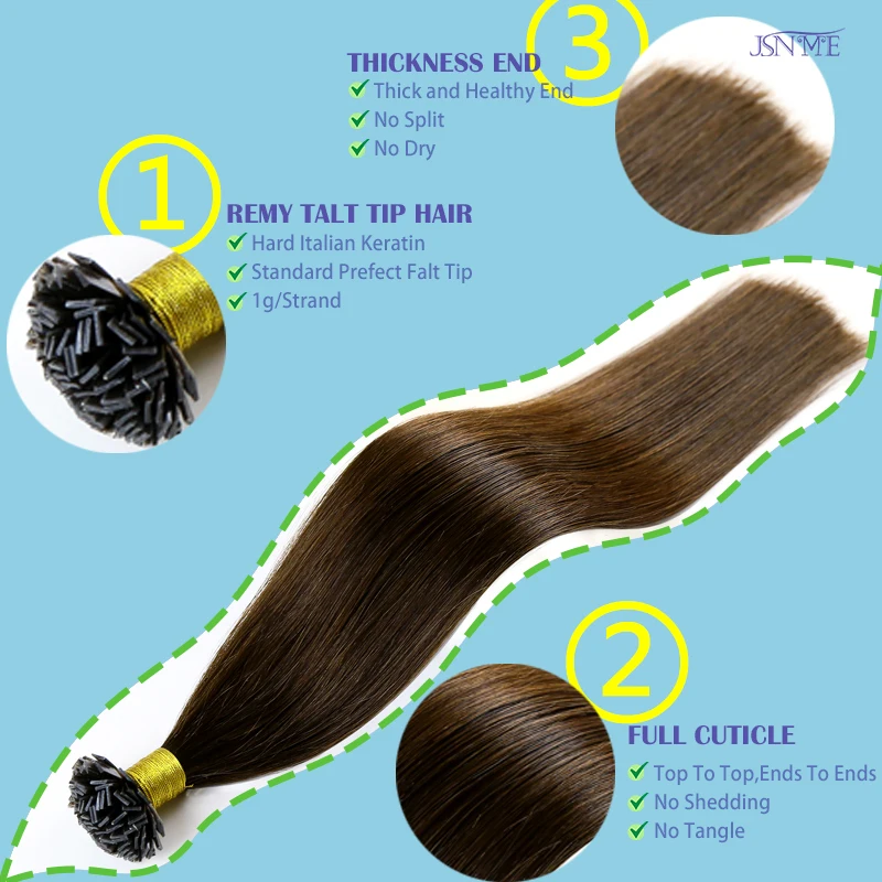 Extensiones de cabello humano JSNME U/punta plana, cabello Natural de fusión en caliente, extensiones de cabello de queratina unidas Remy Real,