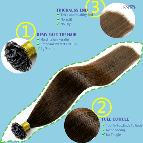 Imagen 2 del producto Extensiones de cabello humano de punta plana JSNME, cabello Natural, extensiones de cabello de queratina unidas por fusión en caliente, cabello Real Natural, 1g/hebra de 14-24''