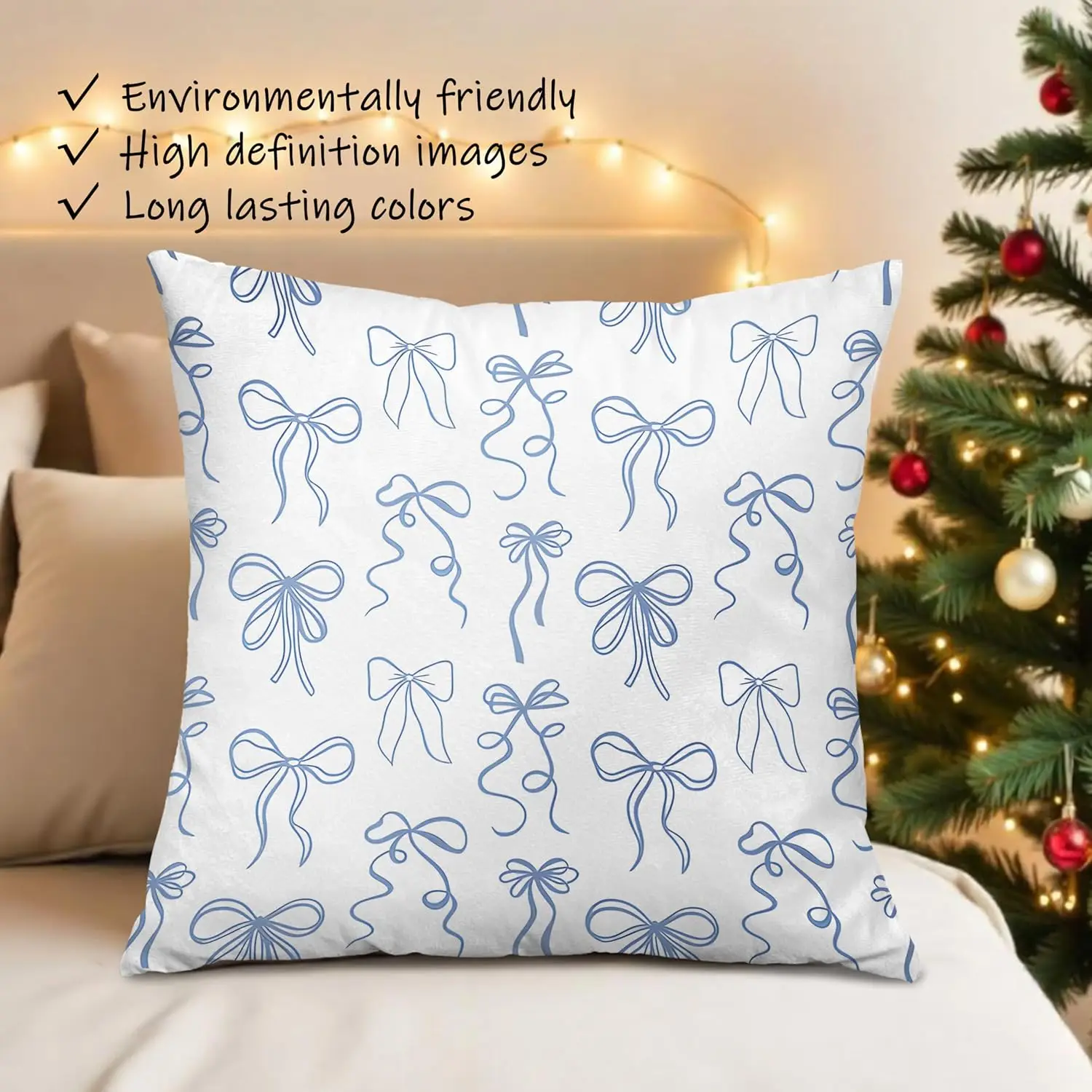 Coquette Blue Bow Throw Pillow Covers 18x18, Coquette Girly Room Decor, Preppy Blue Aesthetic Bow Decorative Pillow Covers for G