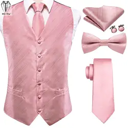 Hi-Tie Luxury Silk Mens Vests Rose Gold Pink Striped Waistcoat Necktie Bowtie Hanky Cufflinks Set Waist Jacket For Men Wedding