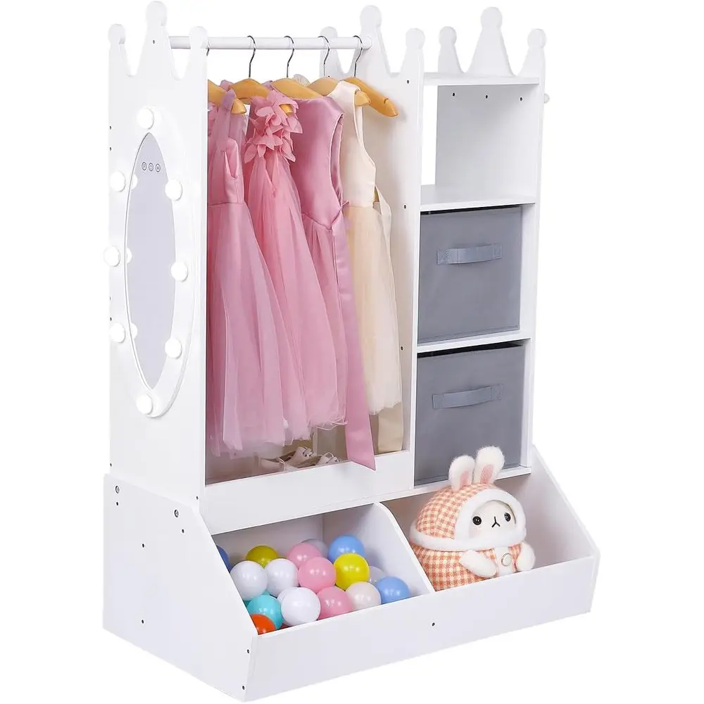 

Girls DrUp Storage Armoire - Kids Costume Organizer with Lighted Mirror, Clothing Rack, Open Shelves, Storage Bins & 3 Hooks, Wh