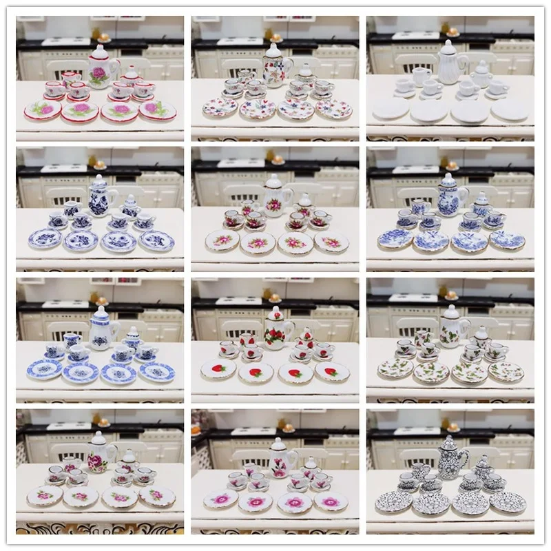 Dollhouse Mini 15pcs Ceramic Tea Set Teacup Mini Food Play Scene Model for Dollhouse Furniture Accessories