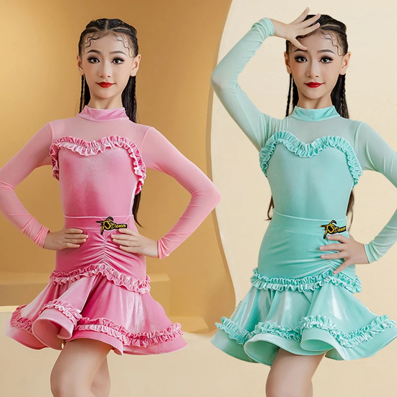 2024 New Latin Dance Professional Dress Children'S Samba Ballroom Dance Competition Costume Girls Long Sleeves Dresses SL10991